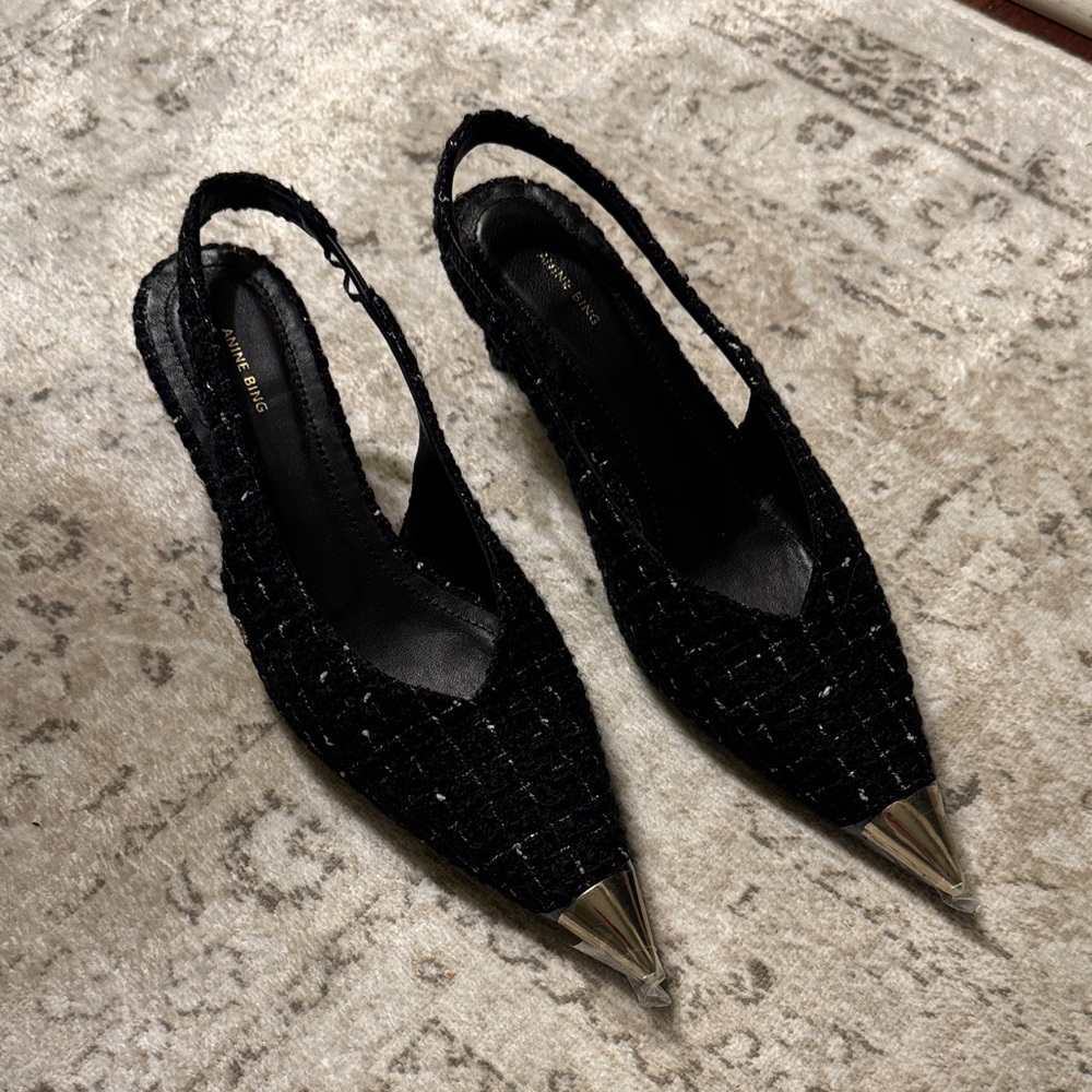 NWT Anine Bing Black and Gold Slingback Heels